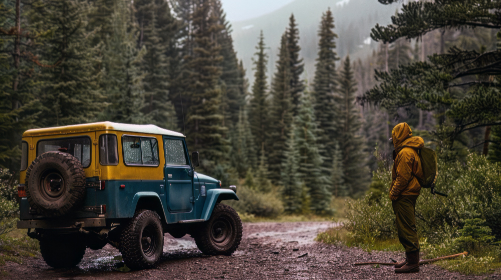 Un hombre en el campo con su todoterreno 4x4
