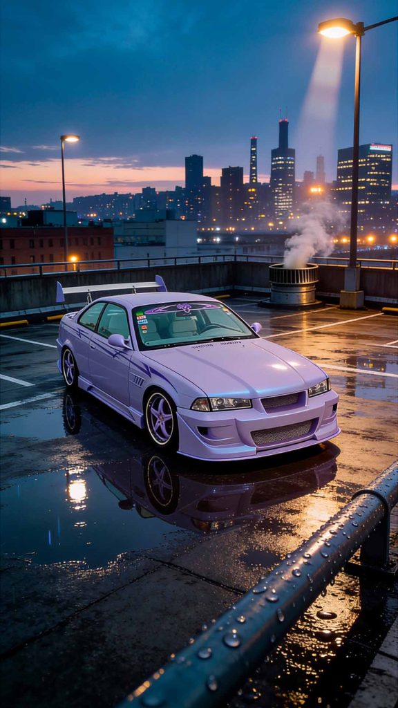 BMW E36 tuning wide body en parking urbano de noche bajo la lluvia