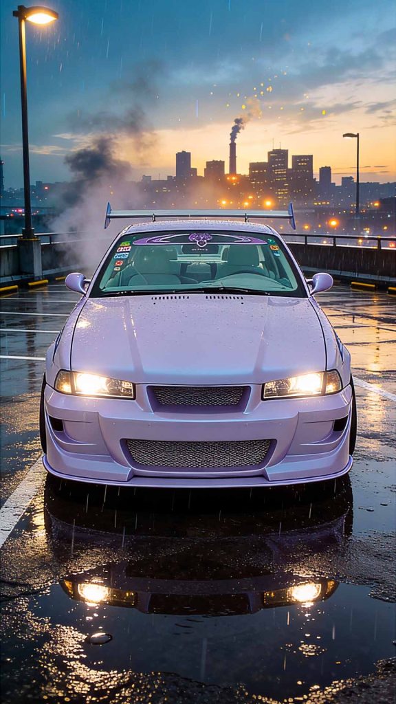 BMW E36 tuning nocturno con reflejos en suelo mojado