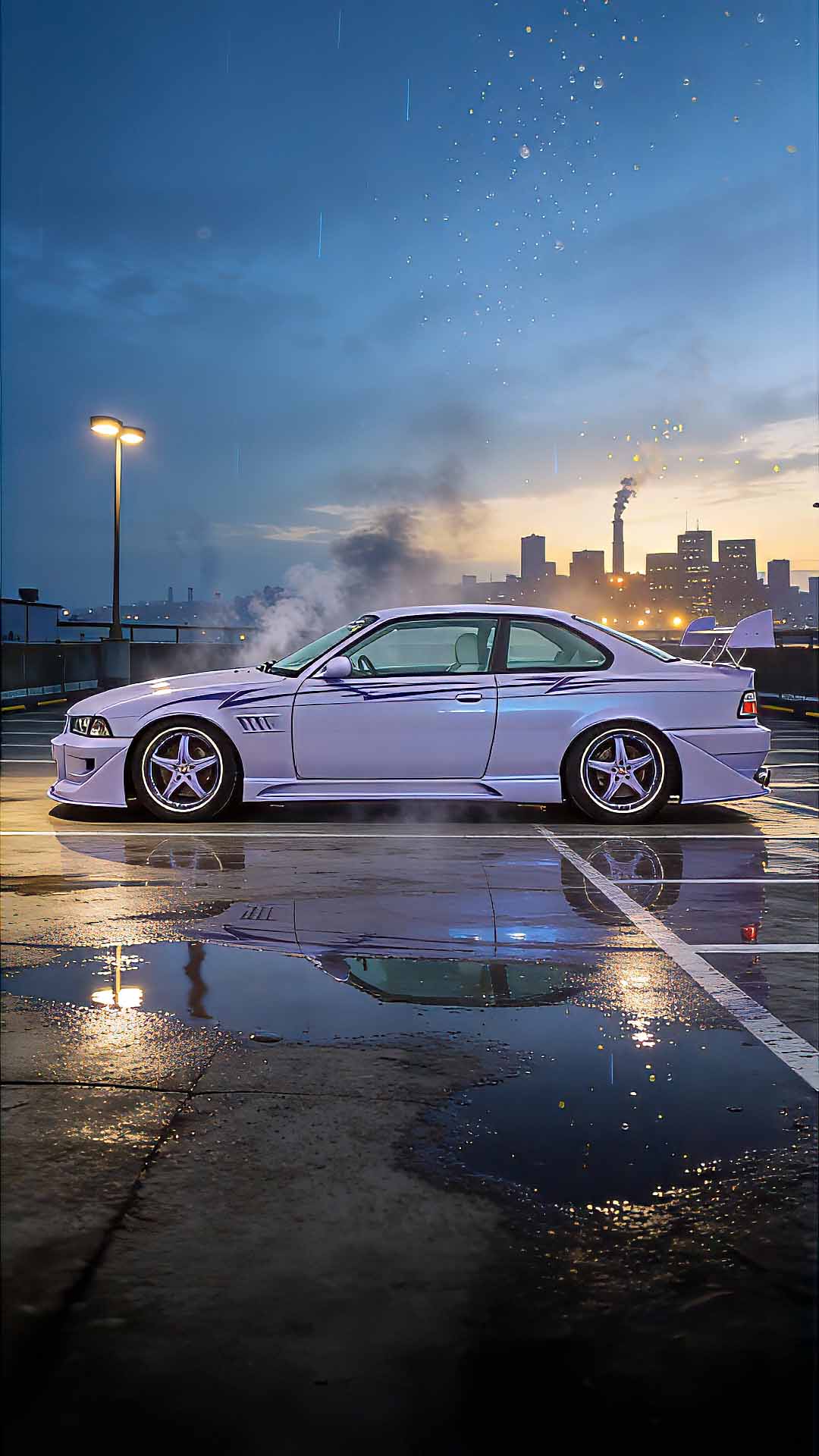 Perfil lateral de BMW E36 tuning con suspensión baja y llantas anchas